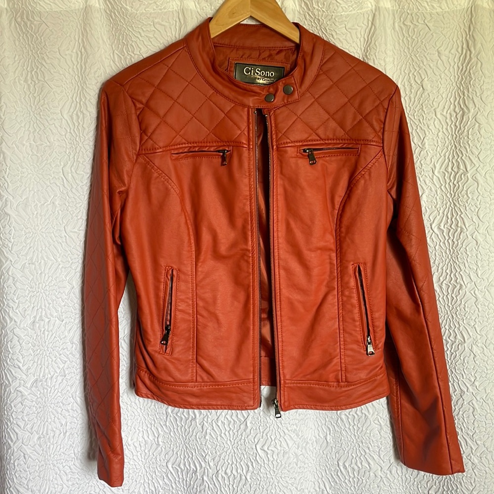 Large faux leather burnt orange colored jacket